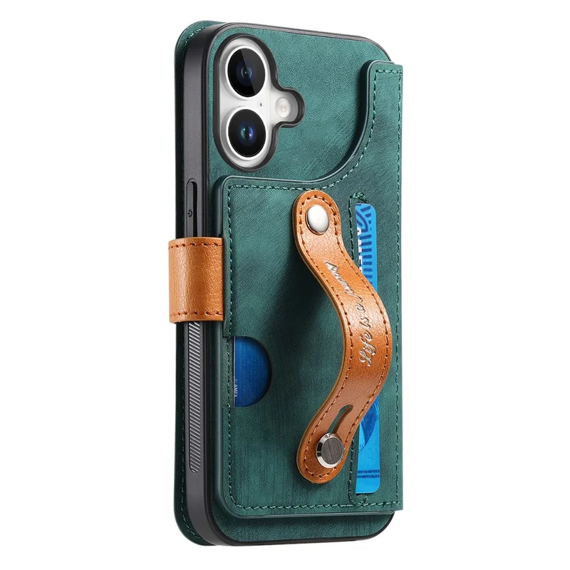 For iPhone 17 Case Wallet Retro Leather Phone Cover with Wristband Kickstand - Green