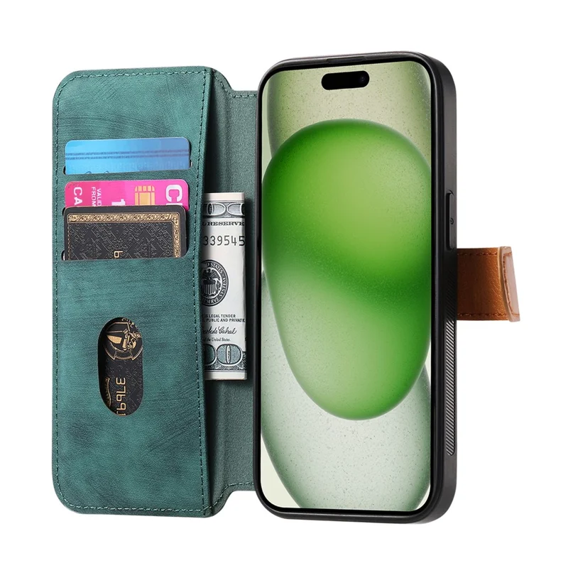 For iPhone 17 Case Wallet Retro Leather Phone Cover with Wristband Kickstand - Green