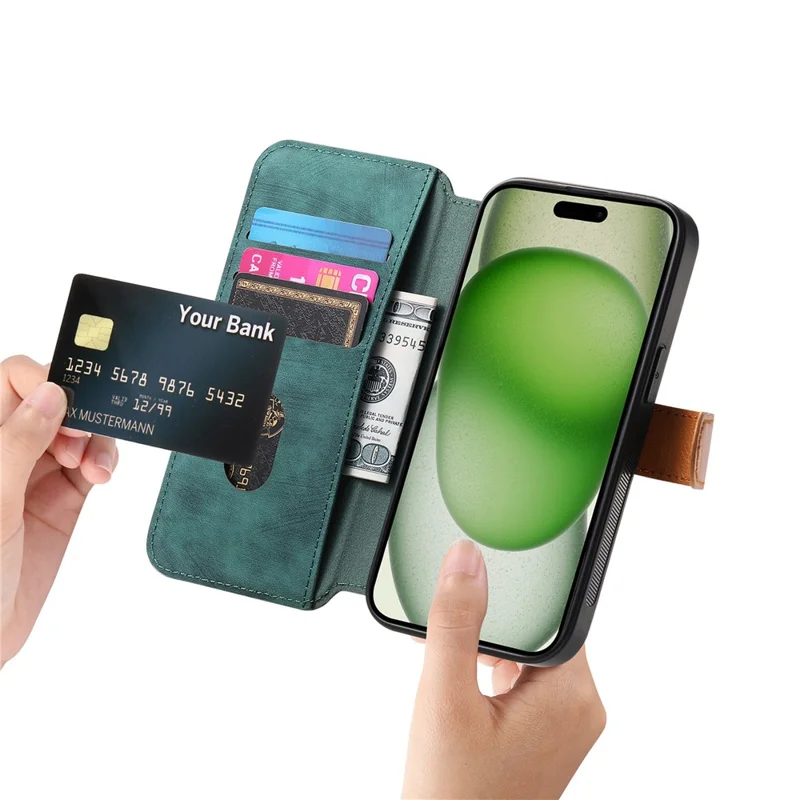 For iPhone 17 Case Wallet Retro Leather Phone Cover with Wristband Kickstand - Green