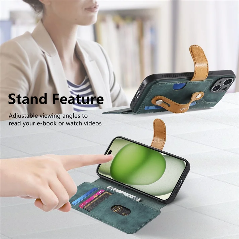 For iPhone 17 Case Wallet Retro Leather Phone Cover with Wristband Kickstand - Green
