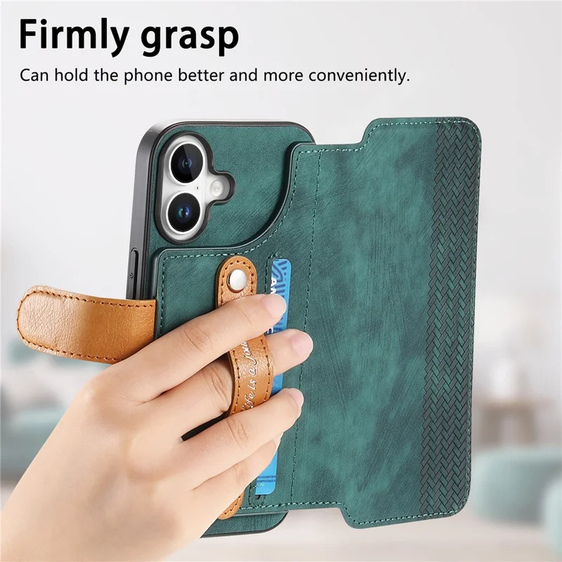 For iPhone 17 Case Wallet Retro Leather Phone Cover with Wristband Kickstand - Green