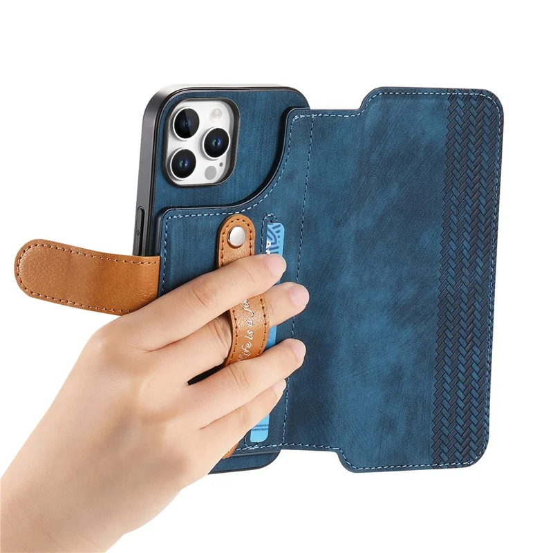Cover per iPhone 16 Pro Max con Portafoglio in Pelle Retro e Supporto con Cinturino da Polso - Blu
