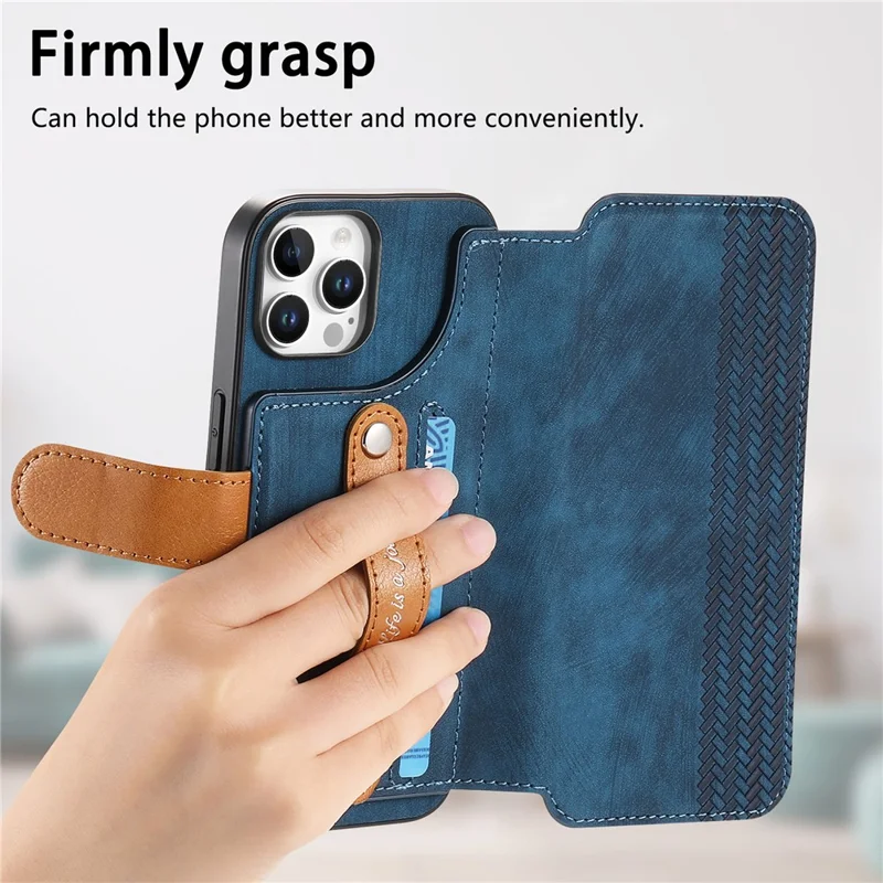 Cover per iPhone 16 Pro Max con Portafoglio in Pelle Retro e Supporto con Cinturino da Polso - Blu