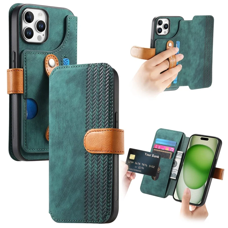 For iPhone 16 Pro Case Wallet Retro Leather Phone Cover with Wristband Kickstand - Green