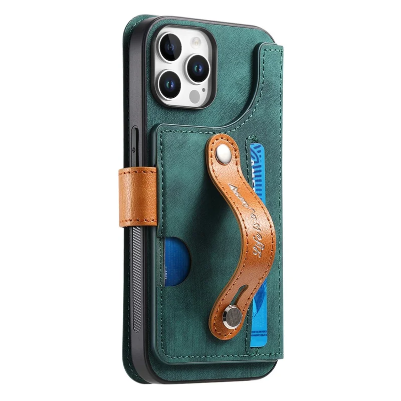 For iPhone 16 Pro Case Wallet Retro Leather Phone Cover with Wristband Kickstand - Green