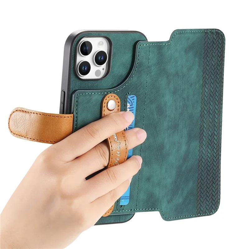 For iPhone 16 Pro Case Wallet Retro Leather Phone Cover with Wristband Kickstand - Green