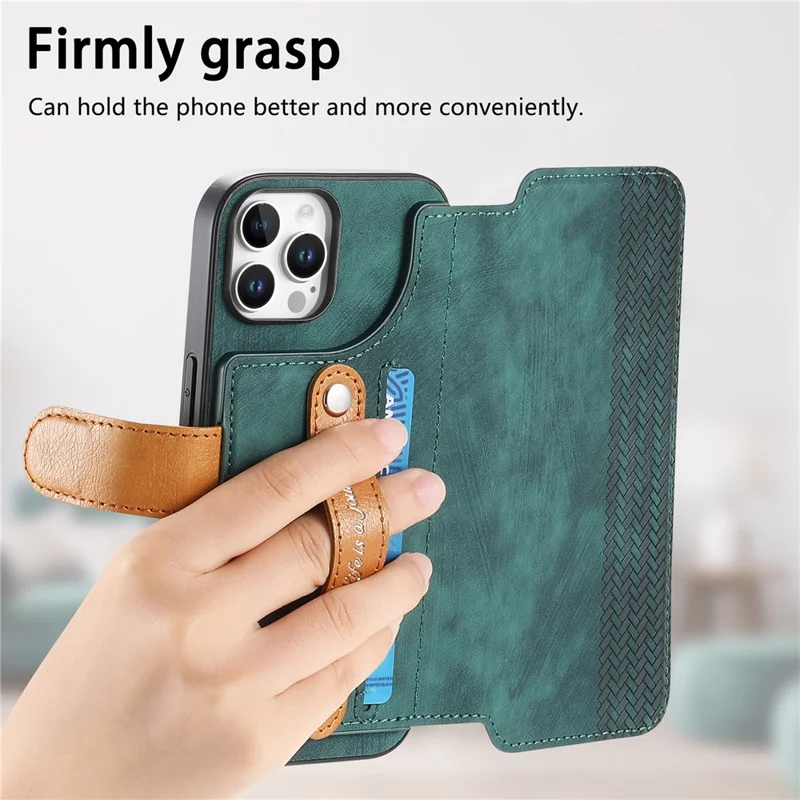 For iPhone 16 Pro Case Wallet Retro Leather Phone Cover with Wristband Kickstand - Green