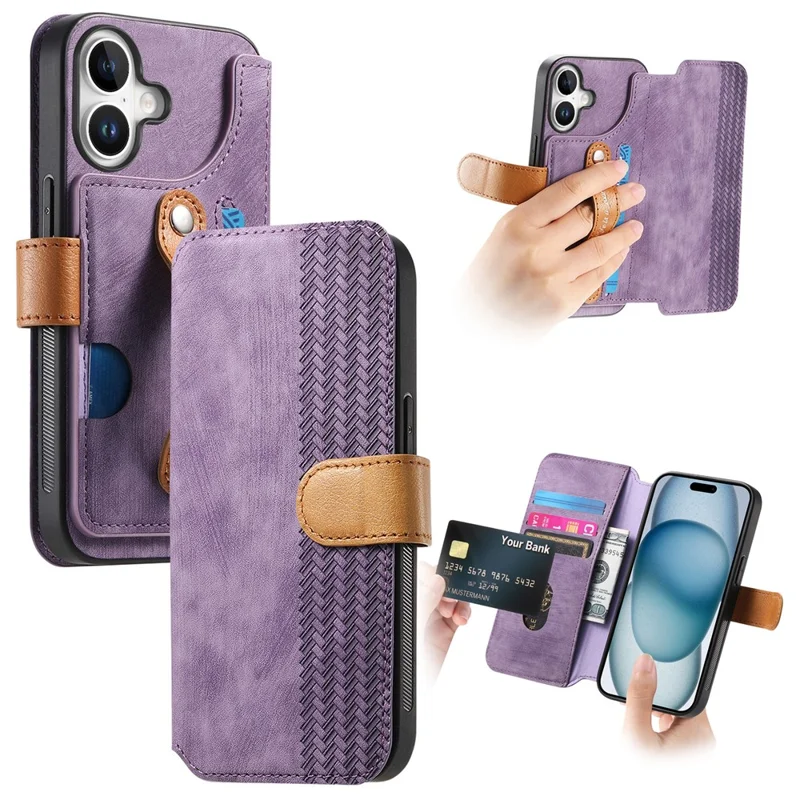 Cover per iPhone 16 con Portafoglio in Pelle Retro e Supporto con Cinturino da Polso - Viola