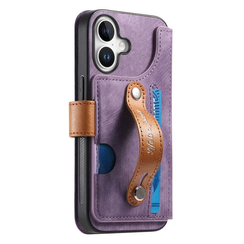 Cover per iPhone 16 con Portafoglio in Pelle Retro e Supporto con Cinturino da Polso - Viola