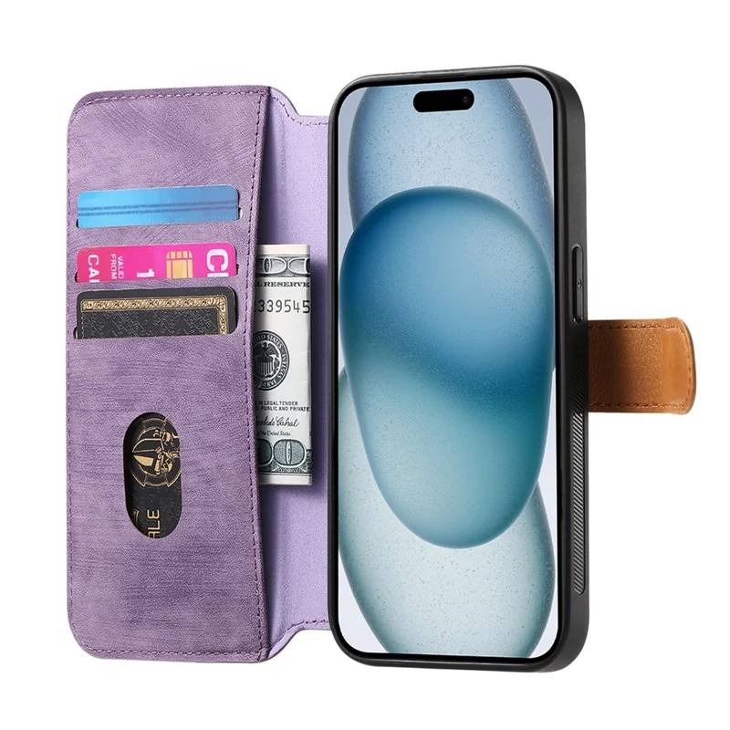 Cover per iPhone 16 con Portafoglio in Pelle Retro e Supporto con Cinturino da Polso - Viola