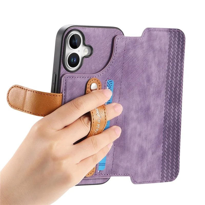 Cover per iPhone 16 con Portafoglio in Pelle Retro e Supporto con Cinturino da Polso - Viola