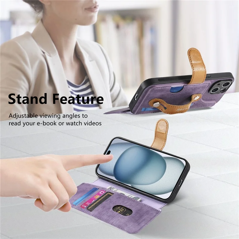 Cover per iPhone 16 con Portafoglio in Pelle Retro e Supporto con Cinturino da Polso - Viola