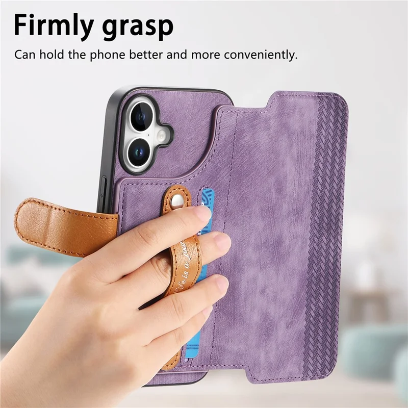 Cover per iPhone 16 con Portafoglio in Pelle Retro e Supporto con Cinturino da Polso - Viola