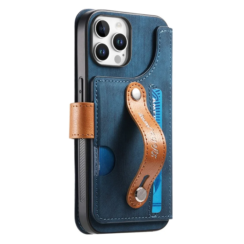 For iPhone 15 Pro Case Wallet Retro Leather Phone Cover with Wristband Kickstand - Blue