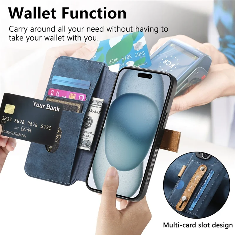 For iPhone 15 Pro Case Wallet Retro Leather Phone Cover with Wristband Kickstand - Blue