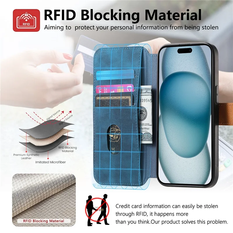For iPhone 15 Pro Case Wallet Retro Leather Phone Cover with Wristband Kickstand - Blue