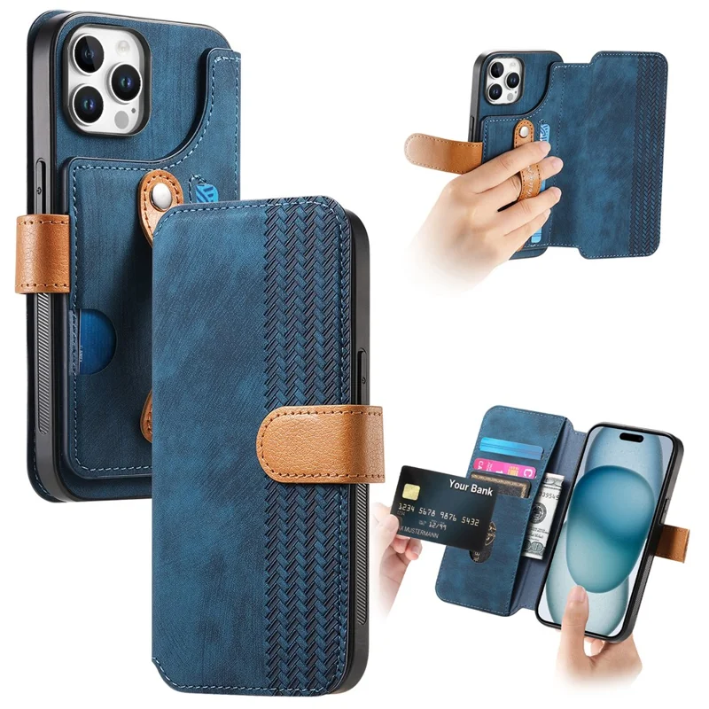For iPhone 15 Pro Max Case Wallet Retro Leather Phone Cover with Wristband Kickstand - Blue