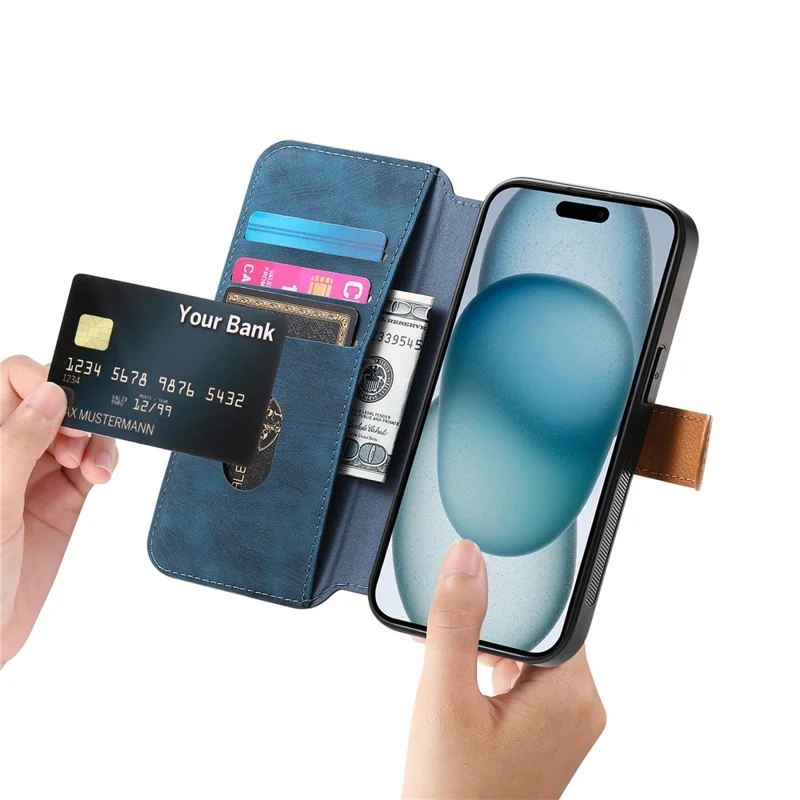 For iPhone 15 Pro Max Case Wallet Retro Leather Phone Cover with Wristband Kickstand - Blue