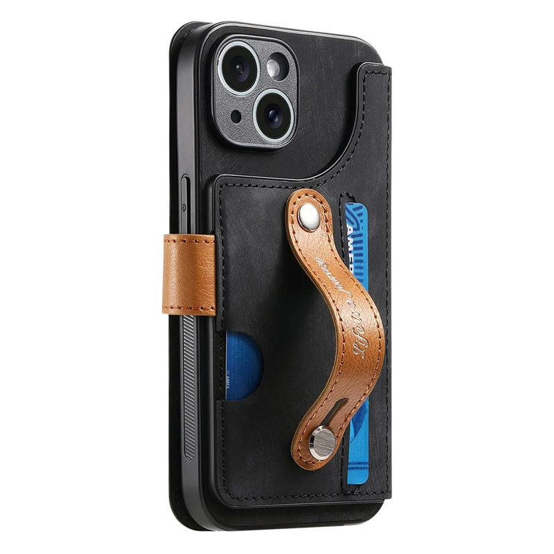 Til iPhone 15 Skånfodrer Punge Retro Læder Telefonbeskytning med Håndledsrem Støtte - Sort