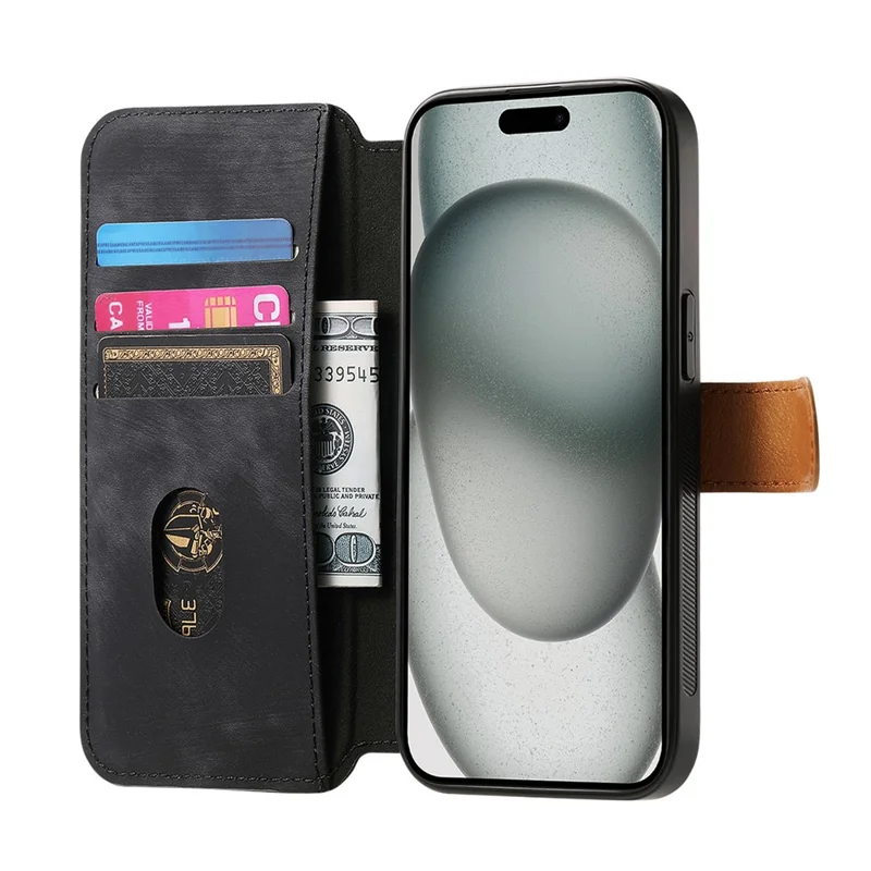 Til iPhone 15 Skånfodrer Punge Retro Læder Telefonbeskytning med Håndledsrem Støtte - Sort