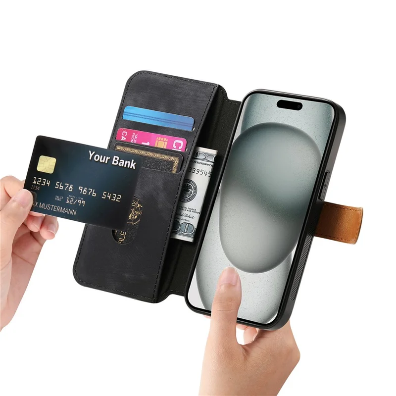 Til iPhone 15 Skånfodrer Punge Retro Læder Telefonbeskytning med Håndledsrem Støtte - Sort