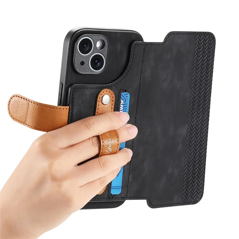 Til iPhone 15 Skånfodrer Punge Retro Læder Telefonbeskytning med Håndledsrem Støtte - Sort