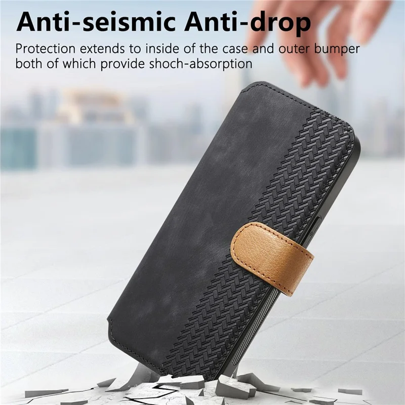 Til iPhone 15 Skånfodrer Punge Retro Læder Telefonbeskytning med Håndledsrem Støtte - Sort