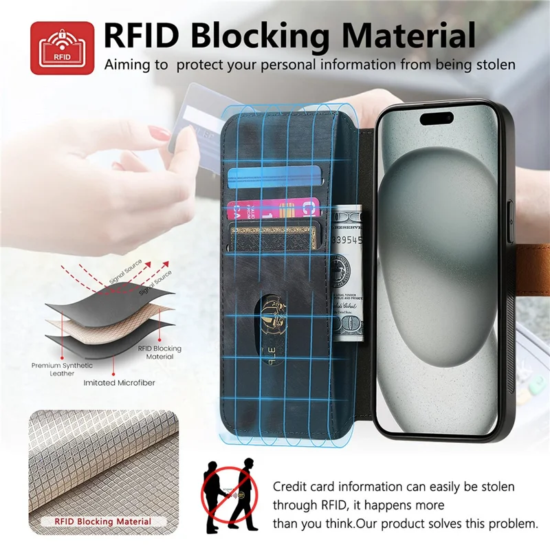 Til iPhone 15 Skånfodrer Punge Retro Læder Telefonbeskytning med Håndledsrem Støtte - Sort