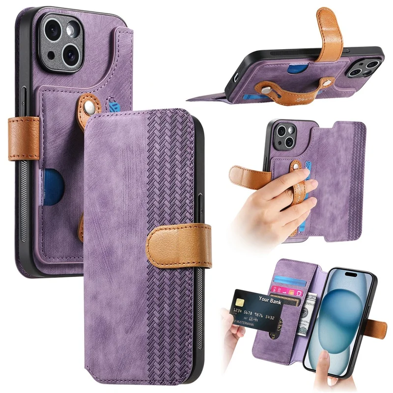 For iPhone 14 Case Wallet Retro Leather Phone Cover with Wristband Kickstand - Purple