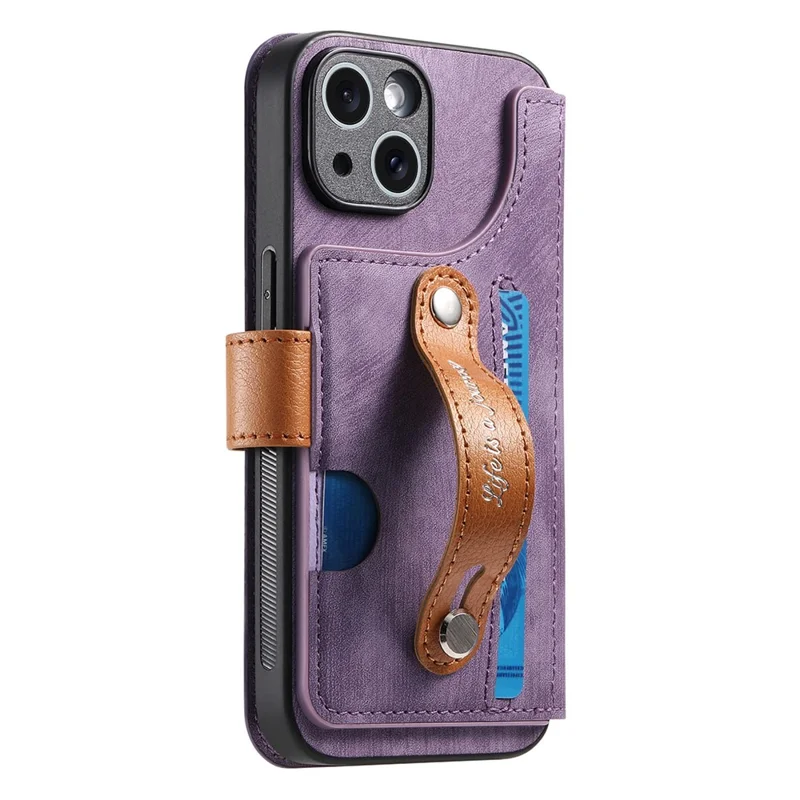 For iPhone 14 Case Wallet Retro Leather Phone Cover with Wristband Kickstand - Purple