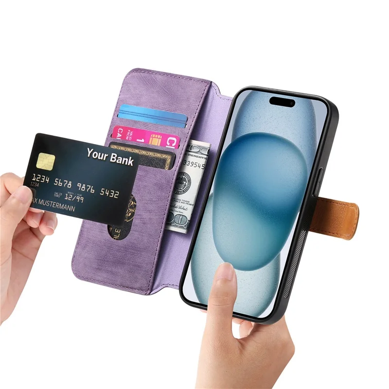 For iPhone 14 Case Wallet Retro Leather Phone Cover with Wristband Kickstand - Purple