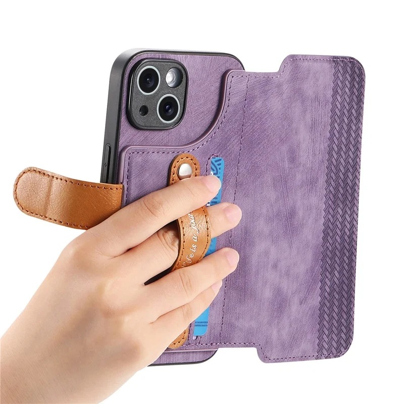 For iPhone 14 Case Wallet Retro Leather Phone Cover with Wristband Kickstand - Purple