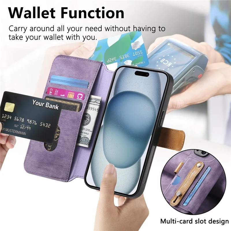 For iPhone 14 Case Wallet Retro Leather Phone Cover with Wristband Kickstand - Purple