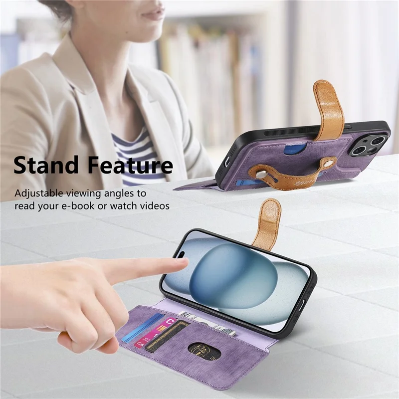 For iPhone 14 Case Wallet Retro Leather Phone Cover with Wristband Kickstand - Purple