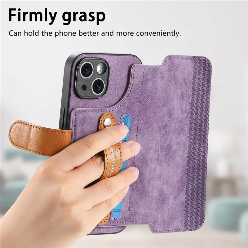 For iPhone 14 Case Wallet Retro Leather Phone Cover with Wristband Kickstand - Purple