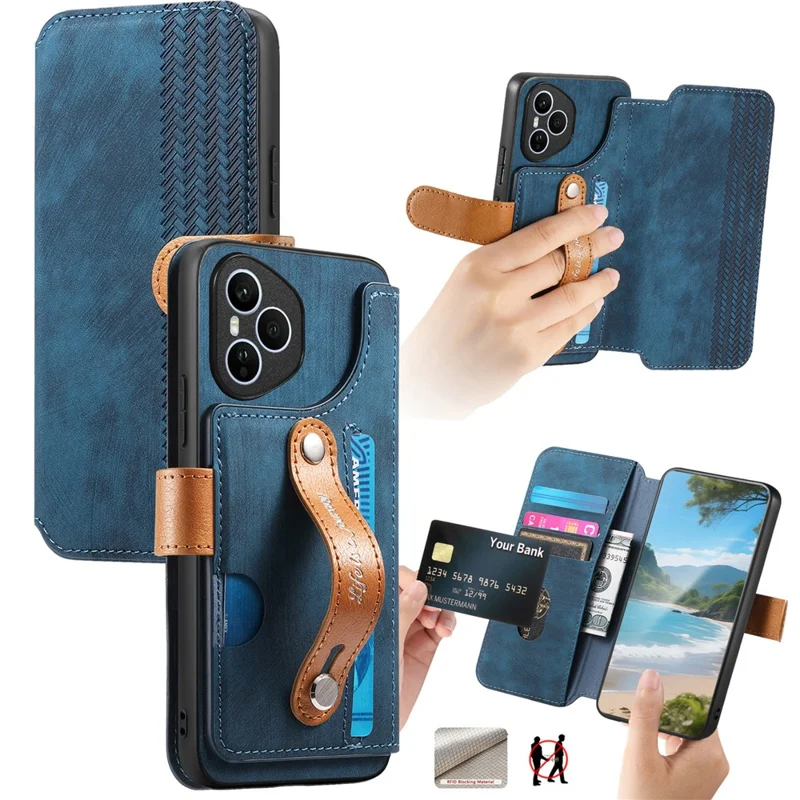 For Honor 400 Pro 5G (Global) Case Wallet Retro Leather Phone Cover with Wristband Kickstand - Blue