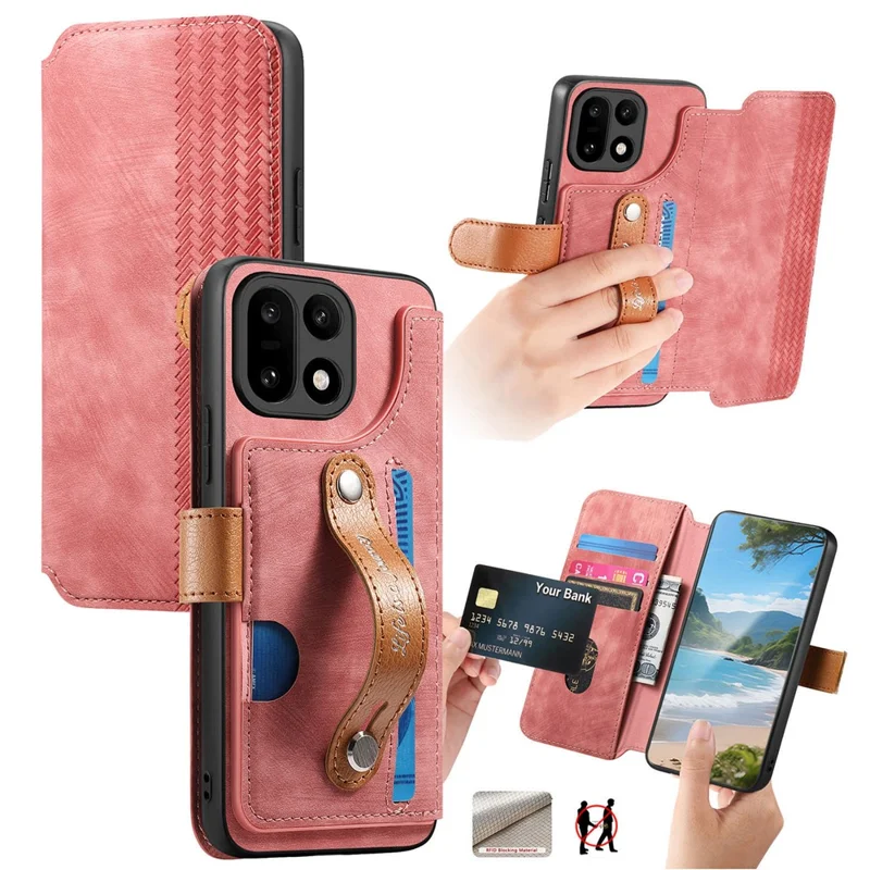 For OnePlus 15 5G Case Wallet Retro Leather Phone Cover with Wristband Kickstand - Pink