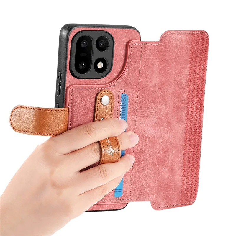 For OnePlus 15 5G Case Wallet Retro Leather Phone Cover with Wristband Kickstand - Pink