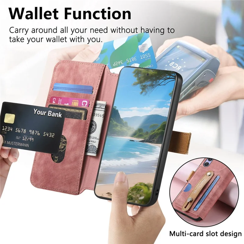 For OnePlus 15 5G Case Wallet Retro Leather Phone Cover with Wristband Kickstand - Pink
