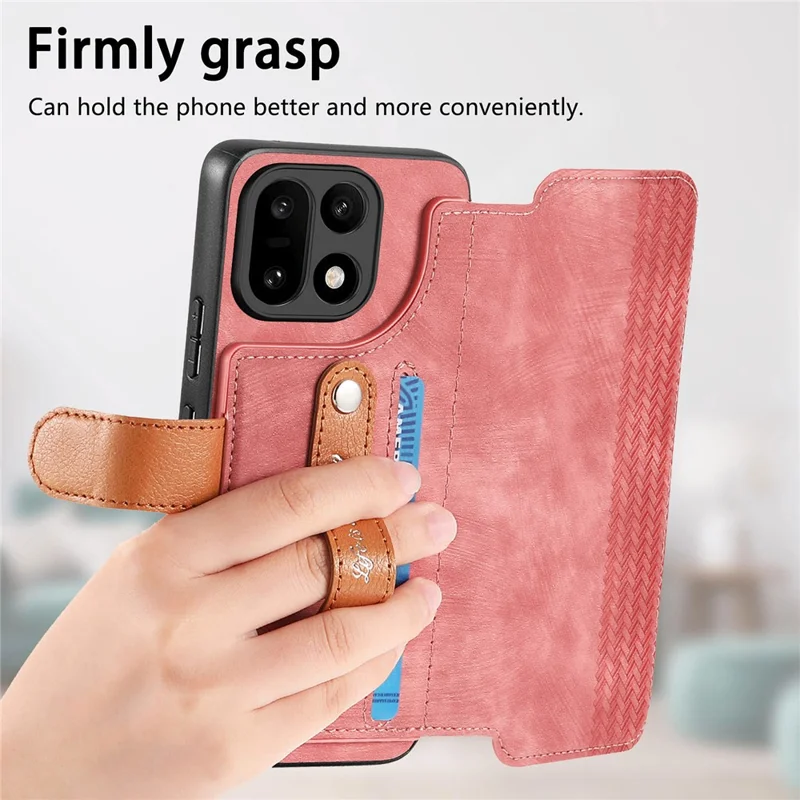 For OnePlus 15 5G Case Wallet Retro Leather Phone Cover with Wristband Kickstand - Pink