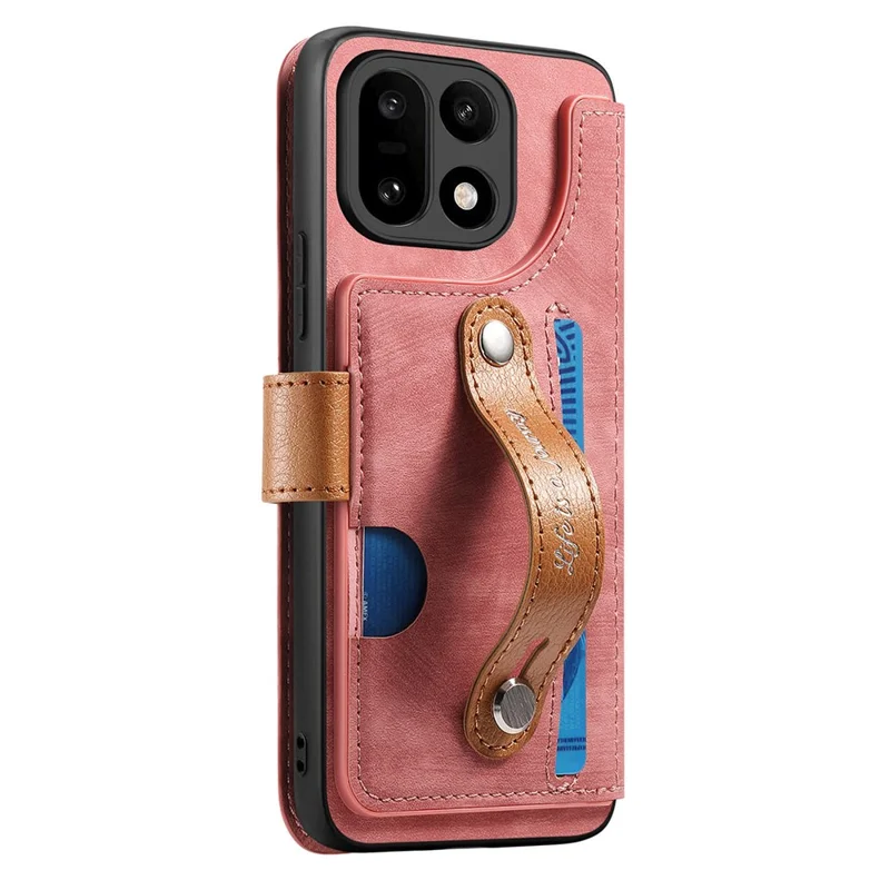 For OnePlus 15 5G Case Wallet Retro Leather Phone Cover with Wristband Kickstand - Pink