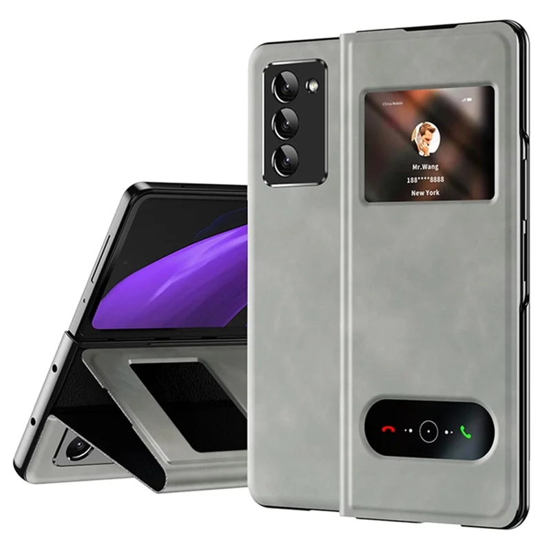 For Samsung Galaxy Z Fold2 5G View Window Design Nappa Texture PU Leather + PC Phone Stand Case Anti-drop Anti-scratch Cover - White