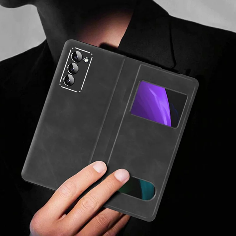 For Samsung Galaxy Z Fold2 5G View Window Design Nappa Texture PU Leather + PC Phone Stand Case Anti-drop Anti-scratch Cover - White