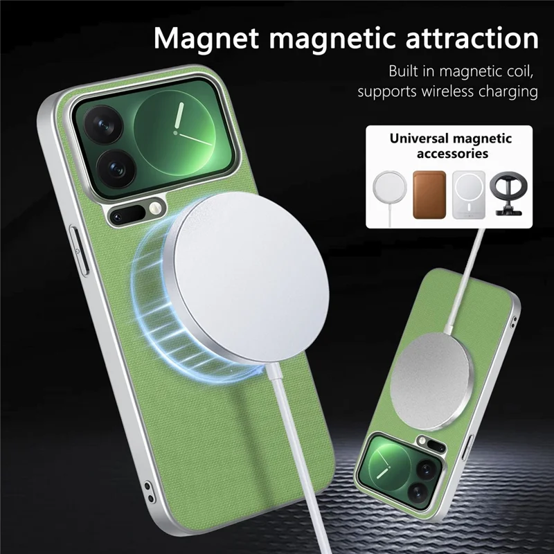Coque magnétique pour iPhone 17 Pro Max, housse en cuir avec texture fine grille, combinée à PC et TPU - Vert