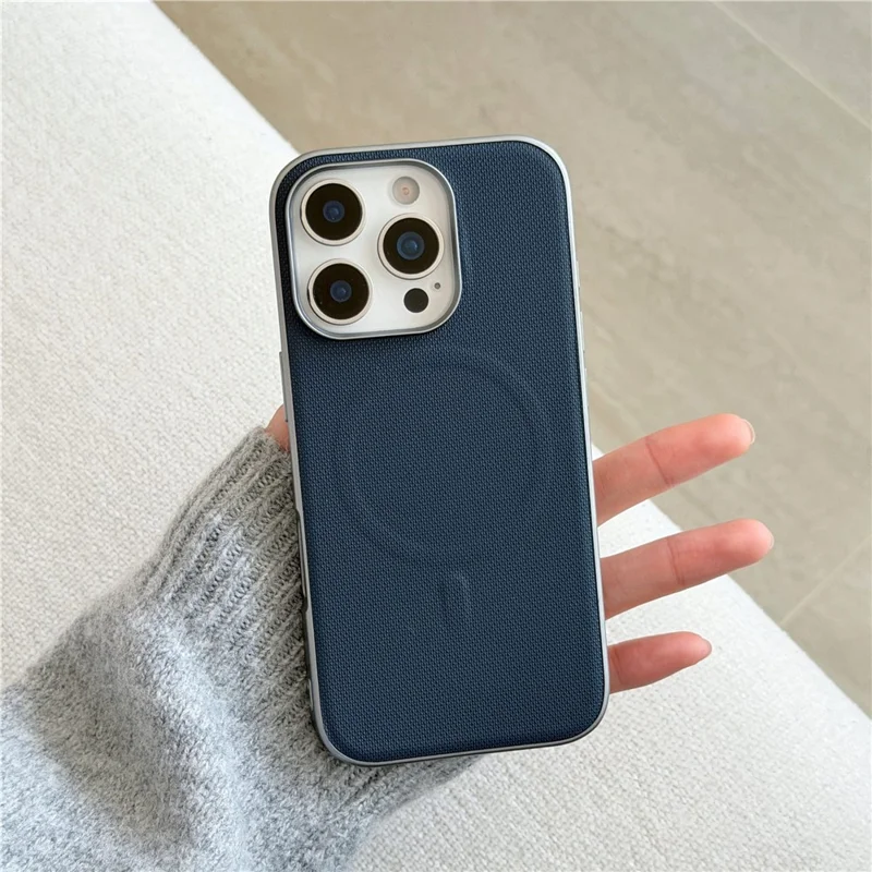 Magnetische hoes voor iPhone 16 Pro met fijne ruitstructuur, lederen + PC + TPU telefoonhoes - donkerblauw