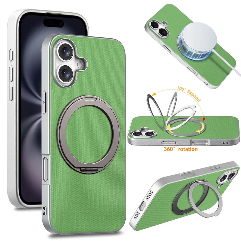 For iPhone 17 Magnetic Case Ring Kickstand Fine Grid Texture Leather + PC + TPU Phone Cover - Green