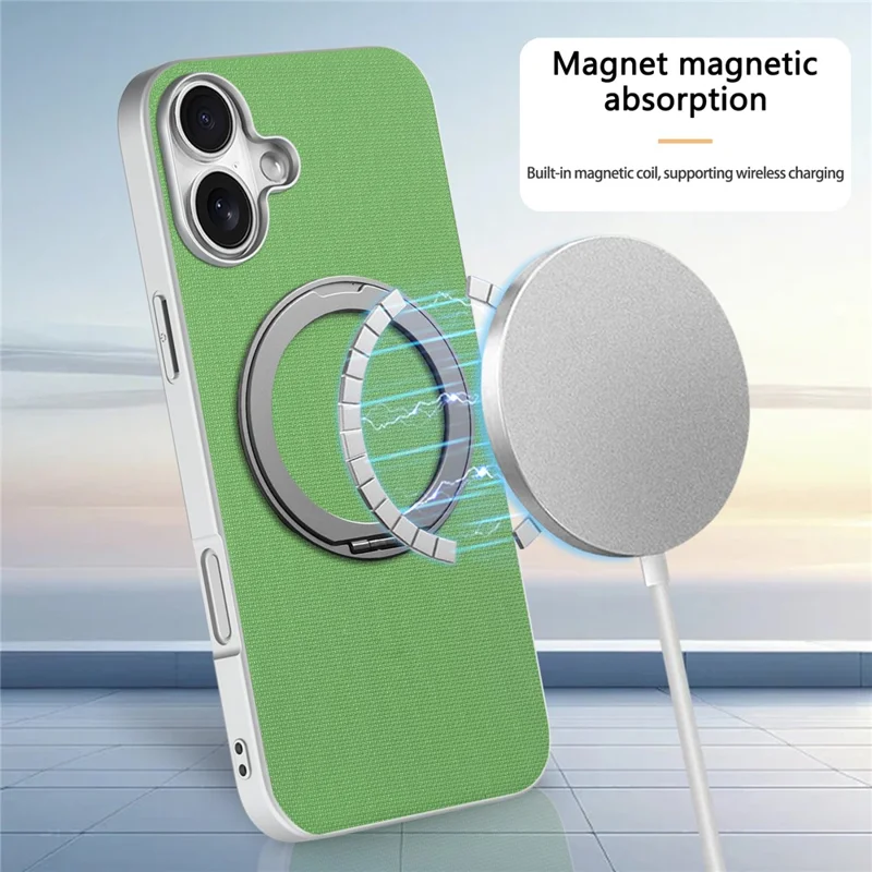 For iPhone 17 Magnetic Case Ring Kickstand Fine Grid Texture Leather + PC + TPU Phone Cover - Green