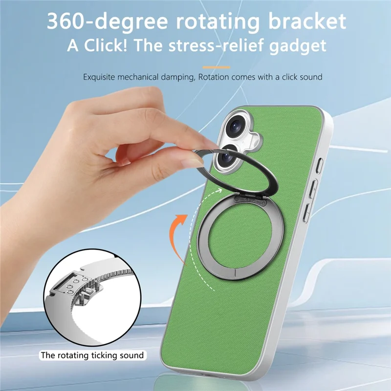 For iPhone 17 Magnetic Case Ring Kickstand Fine Grid Texture Leather + PC + TPU Phone Cover - Green