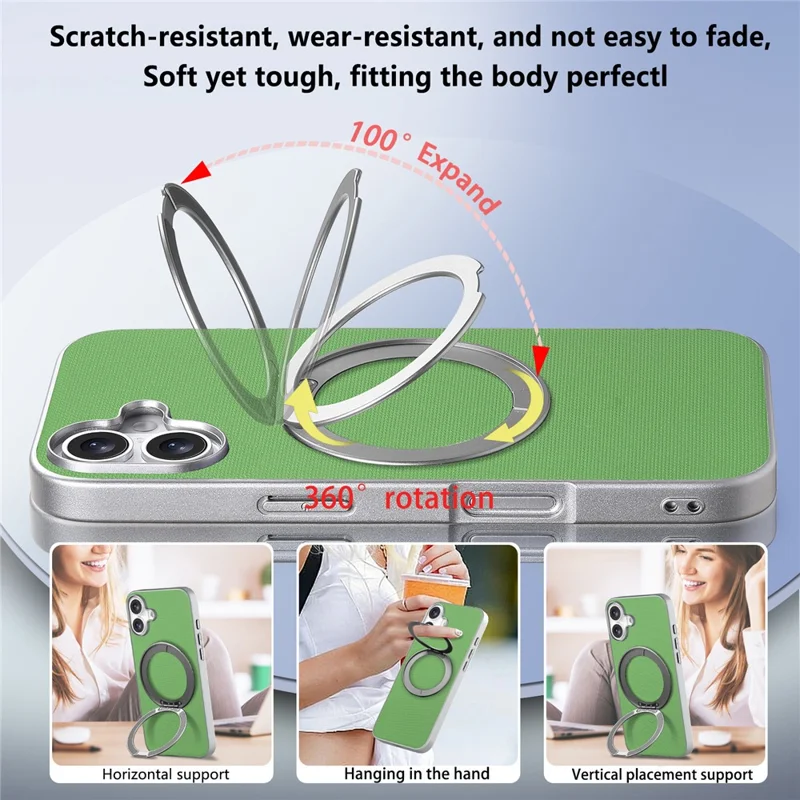 For iPhone 17 Magnetic Case Ring Kickstand Fine Grid Texture Leather + PC + TPU Phone Cover - Green