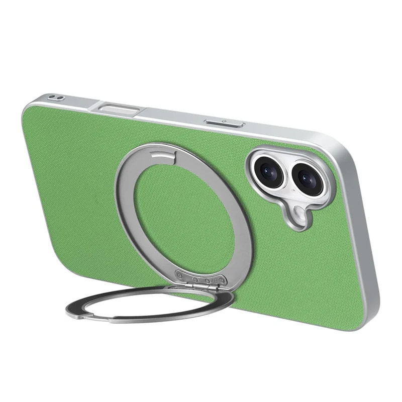 For iPhone 17 Magnetic Case Ring Kickstand Fine Grid Texture Leather + PC + TPU Phone Cover - Green